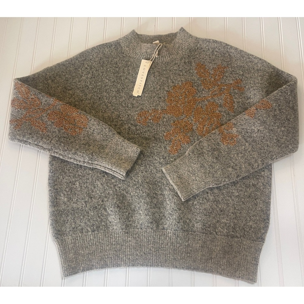 NWT Lovestitch Cozy Mock Neck Sweater Taupe Copper‎ Floral Metallic Small